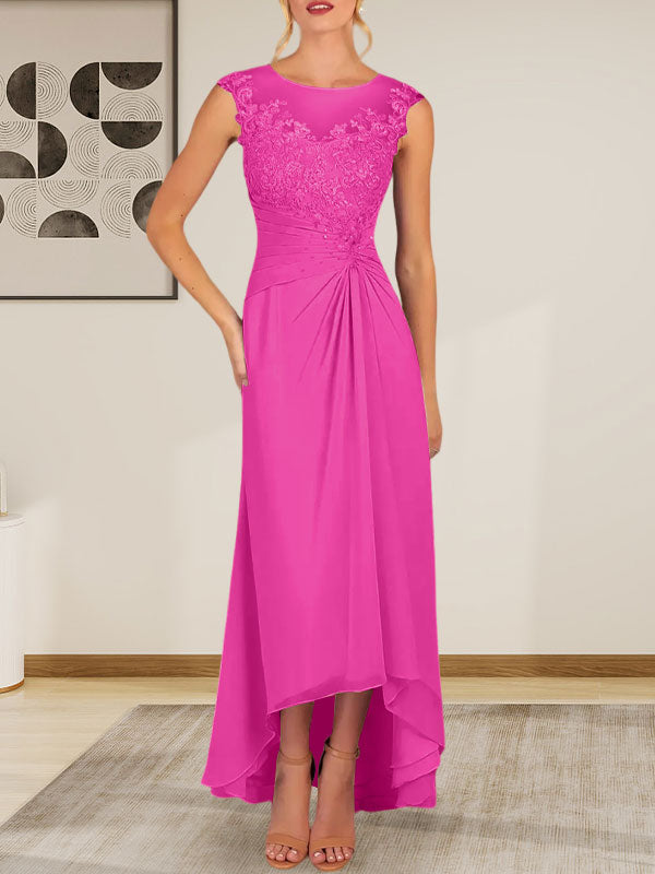 Champagnerfarbenes A-Linien-Chiffonkleid mit Rundhalsausschnitt und Spitze