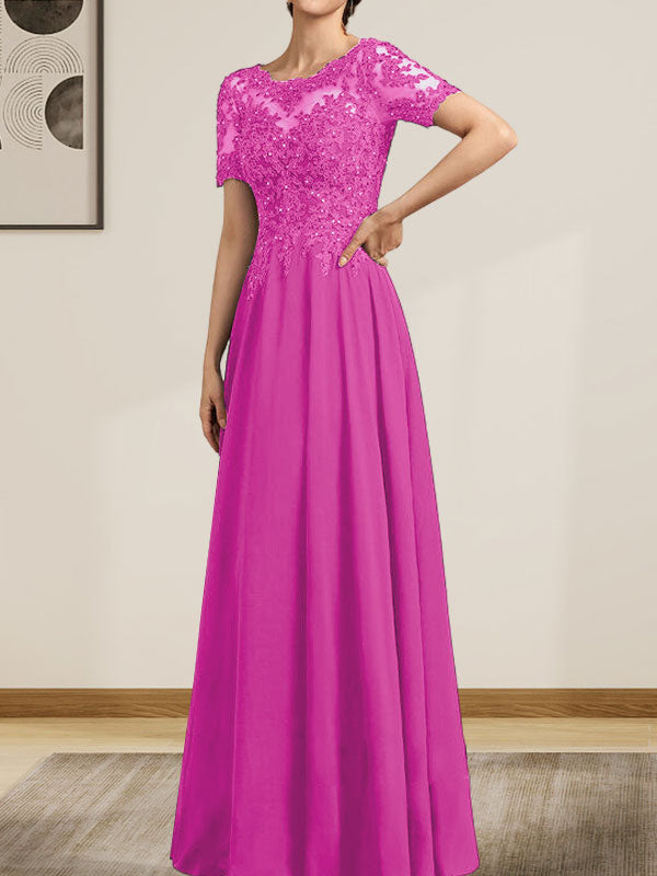 Vestido de gasa con encaje y lentejuelas para madre de la novia, largo hasta el suelo, con escote en A y ilusión