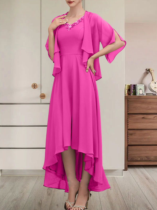 A-Linien-Kleid aus Chiffon mit V-Ausschnitt, asymmetrischem Muster und Perlen- und Paillettenbesatz für die Mutter der Braut