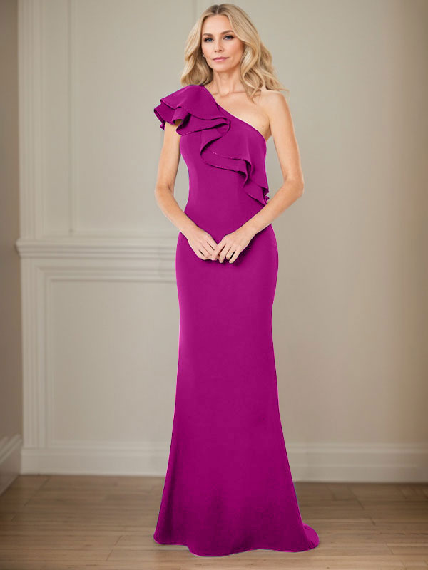 Vestido de gasa para madre de la novia, corte A, un hombro, largo hasta el suelo, con volantes 