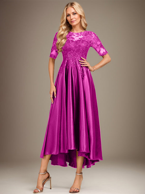 A-Linien-Kleid mit asymmetrischem, transparentem Ausschnitt, Stretch-Satinspitze und Pailletten für die Mutter der Braut 