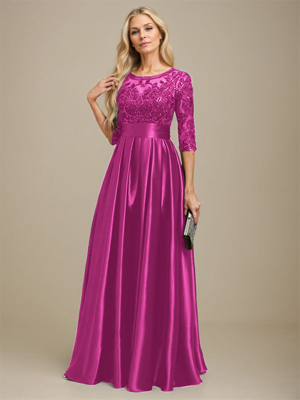 Vestido de madre de la novia de satén elástico con encaje, corte A, escote ilusión, largo hasta el suelo, con lazo y lentejuelas 
