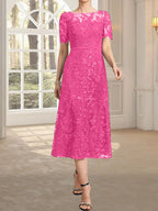A-Linien-Kleid mit Rundhalsausschnitt, Illusion-Ausschnitt, Teelänge, Spitze und Pailletten für die Mutter der Braut