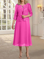 Vestido de gasa con encaje y lentejuelas para madre de la novia, corte A, escote redondo y largo hasta la rodilla 