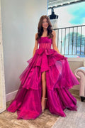 Fuchsiafarbene A-Linien-Organza-Trägerkleider mit Rüschenlagen und Schlitz