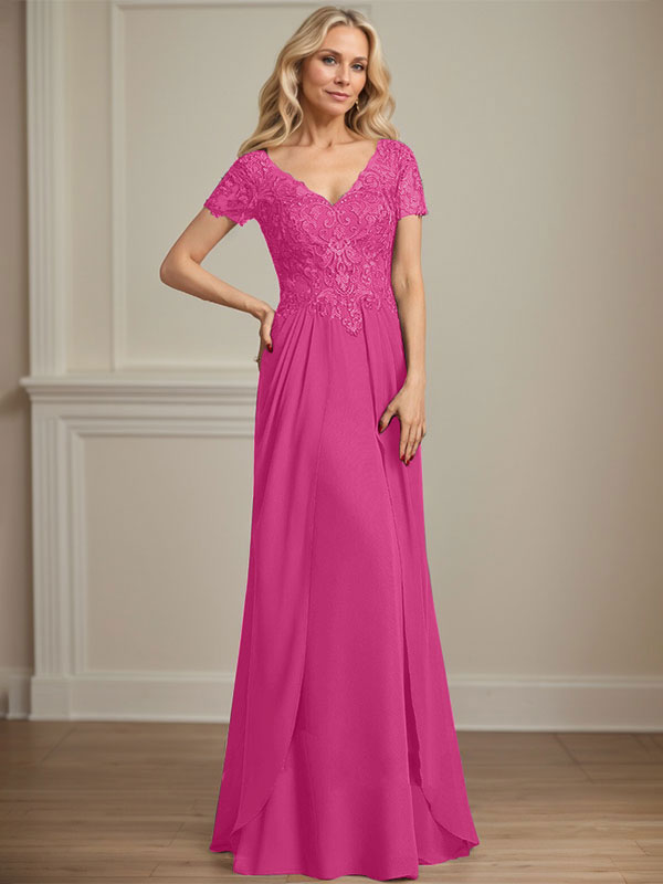 Vestido de gasa con encaje y escote en V hasta el suelo para madre de la novia