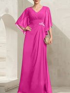 Vestido de gasa para madre de la novia, con escote en V, largo hasta el suelo, con lentejuelas plisadas y abalorios.