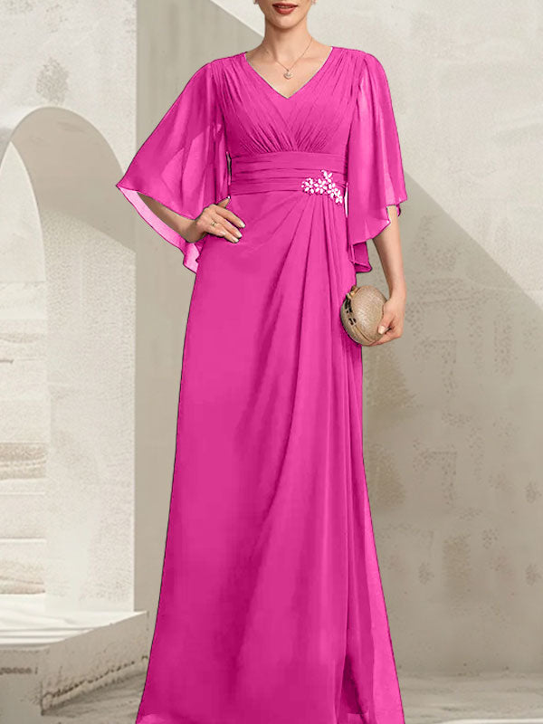 Vestido de gasa para madre de la novia, con escote en V, largo hasta el suelo, con lentejuelas plisadas y abalorios.