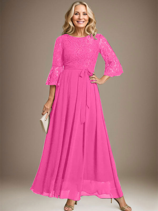 Vestido de gasa con encaje y lazo para madre de la novia, corte A, escote redondo hasta los tobillos
