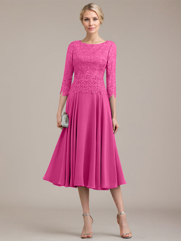 A-Linien-Kleid aus Chiffon mit Rundhalsausschnitt und Teelänge für die Mutter der Braut 