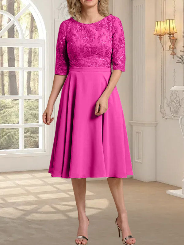 A-Linien-Kleid aus Chiffon mit Rundhalsausschnitt und knielangem Schnitt – das perfekte Kleid für die Mutter der Braut