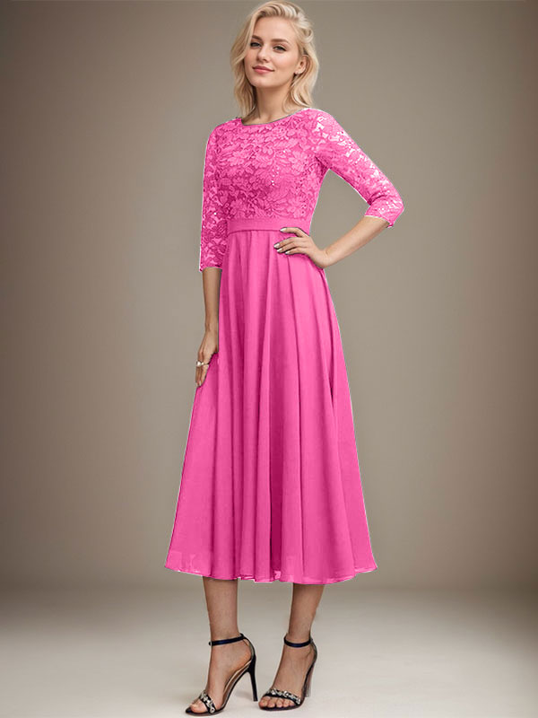 A-Linien-Kleid mit Rundhalsausschnitt, Teelänge, Spitze, Chiffon, Pailletten, für die Mutter der Braut