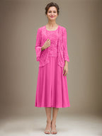 Vestido de gasa con encaje y lentejuelas para madre de la novia, corte A, escote redondo y largo hasta la rodilla 