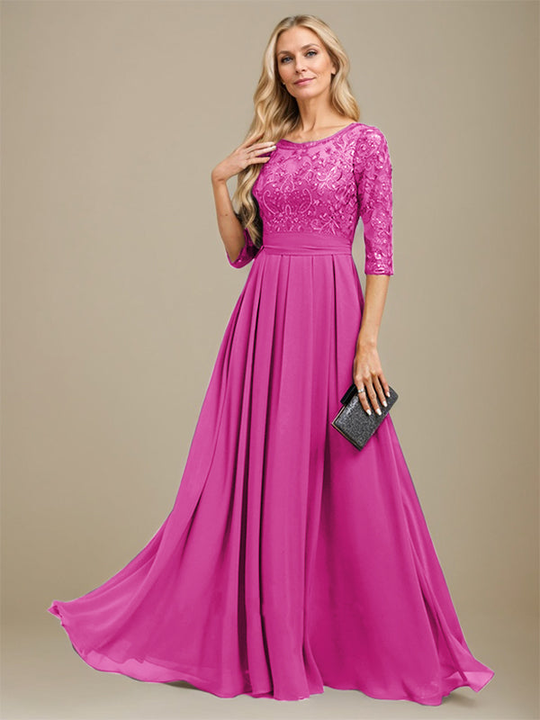 Vestido de gasa con encaje y apliques de lentejuelas para madre de la novia, corte A, largo hasta el suelo 