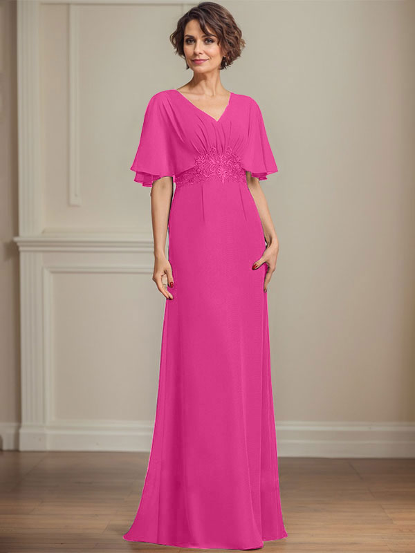 A-Linien-Kleid aus Chiffon mit V-Ausschnitt, bodenlang, für die Mutter der Braut, mit plissierten Paillettenapplikationen und Spitze