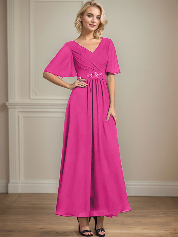 Vestido de gasa para madre de la novia, corte A, escote en V, largo hasta los tobillos, con lentejuelas y cuentas plisadas
