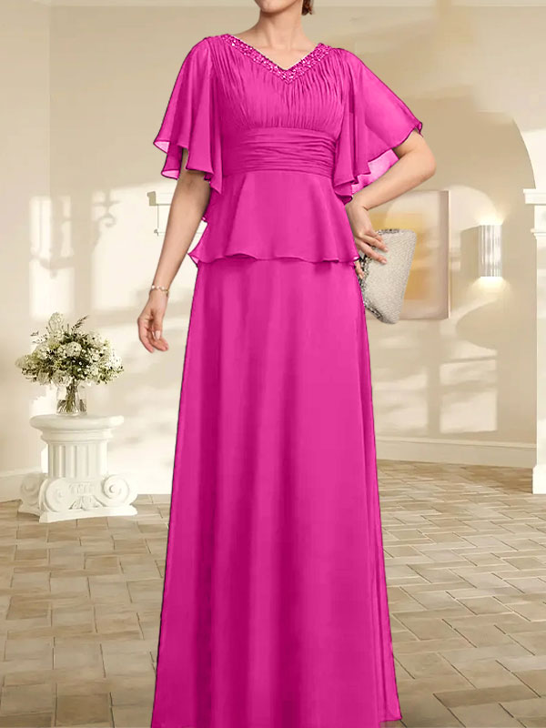 Vestido de gasa para madre de la novia, corte A, escote en V, largo hasta el suelo, con cuentas plisadas