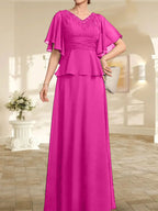 Vestido de gasa para madre de la novia, corte A, escote en V, largo hasta el suelo, con cuentas plisadas