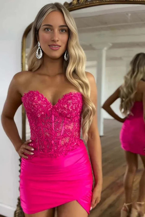 Fuchsia Beaded Lace Appliques Tight Homecoming Dress