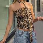 Leopand Ruched Scarf Crop Top
