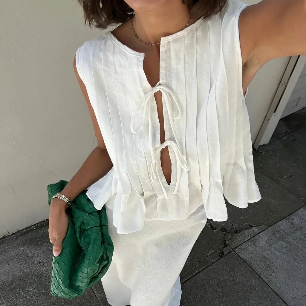 Pleated Cut-Out Ruffle Crop Top