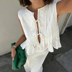 Pleated Cut-Out Ruffle Crop Top