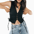 Denim Button V-Neck Crop Top