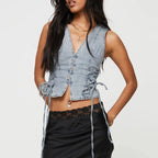 Denim Button V-Neck Crop Top