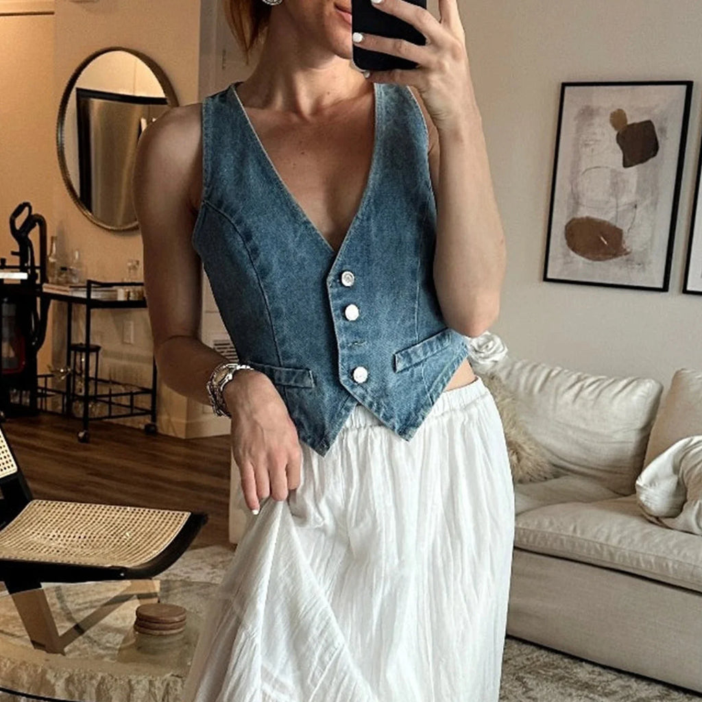 Denim Button Cowgirl Crop Top