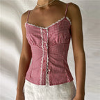 Sweetheart Plaid Button Crop Top