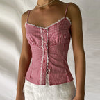 Sweetheart Plaid Button Crop Top