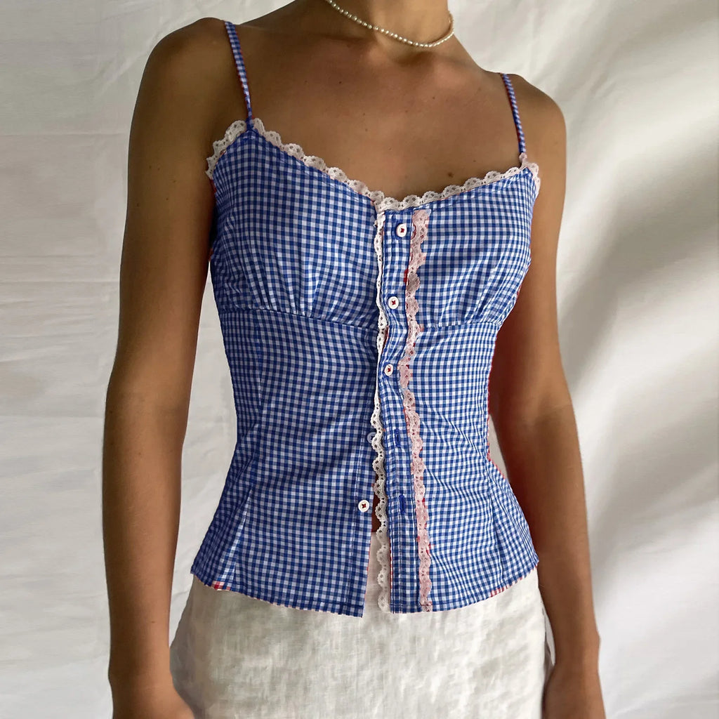 Sweetheart Plaid Button Crop Top