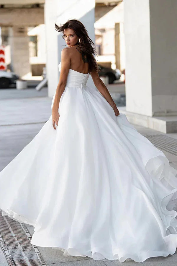 Glamorous Off-Shoulder Sweetheart Pearls Modest Wedding Dress