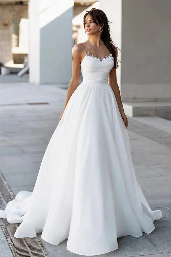 Glamorous Off-Shoulder Sweetheart Pearls Modest Wedding Dress