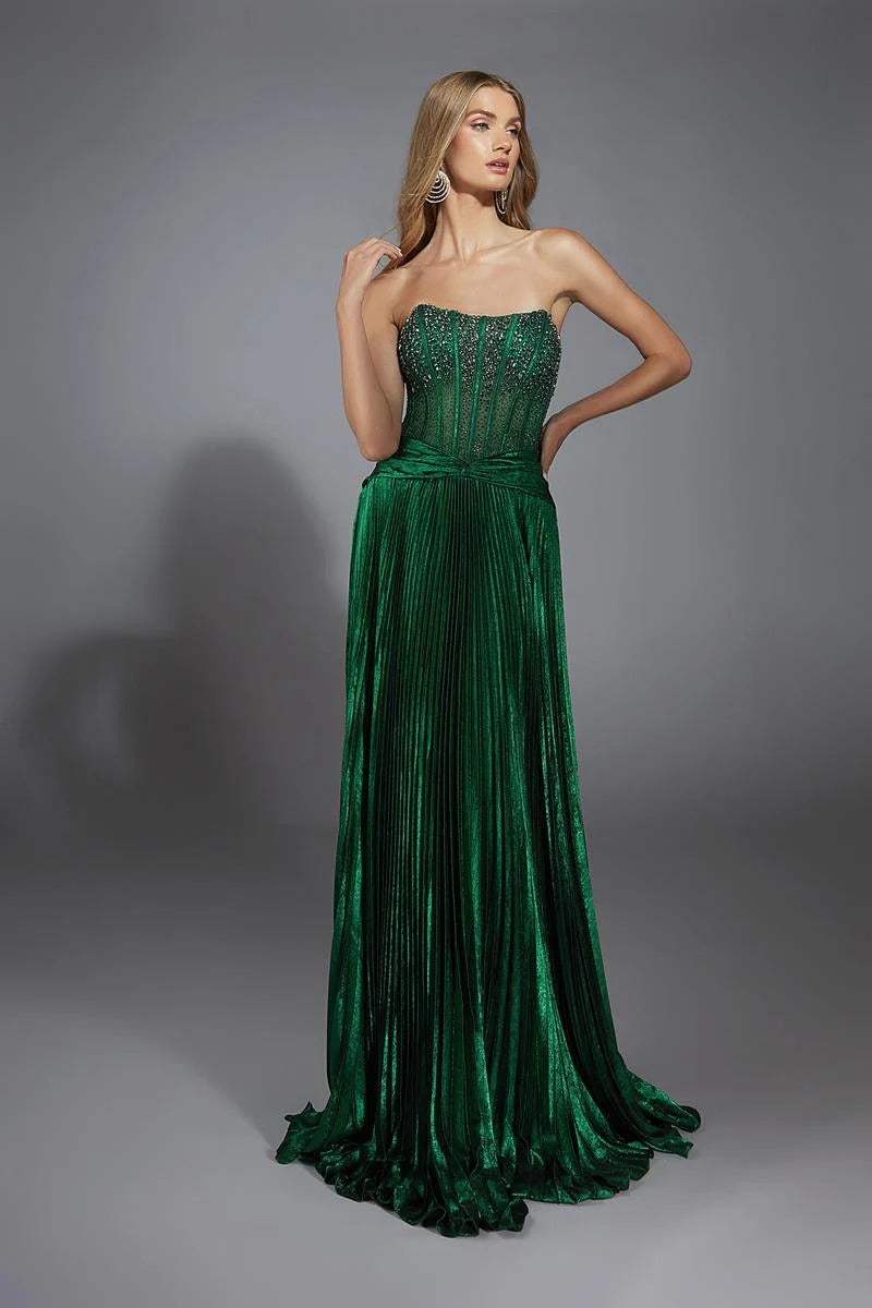 Glamouröses, trägerloses, plissiertes A-Linien-Abendkleid mit Kristallverzierungen