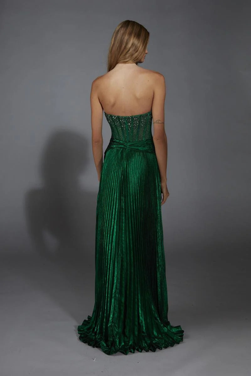Glamouröses, trägerloses, plissiertes A-Linien-Abendkleid mit Kristallverzierungen