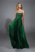 Glamouröses, trägerloses, plissiertes A-Linien-Abendkleid mit Kristallverzierungen