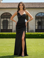 Vestido de fiesta glamuroso de sirena con escote corazón, un hombro, sin mangas y espalda abierta