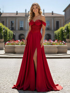 Glamorous Off-the-Shoulder Ball Gown with Beaded Bustier and Train: Prom Dress