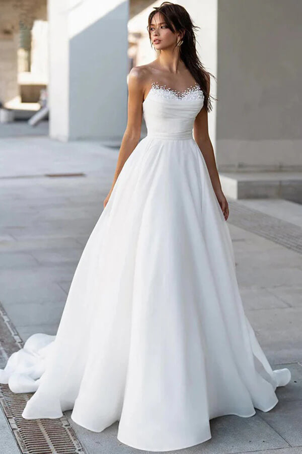 Glamorous Satin A-line Sweetheart Modest Wedding Dresses With Pearls