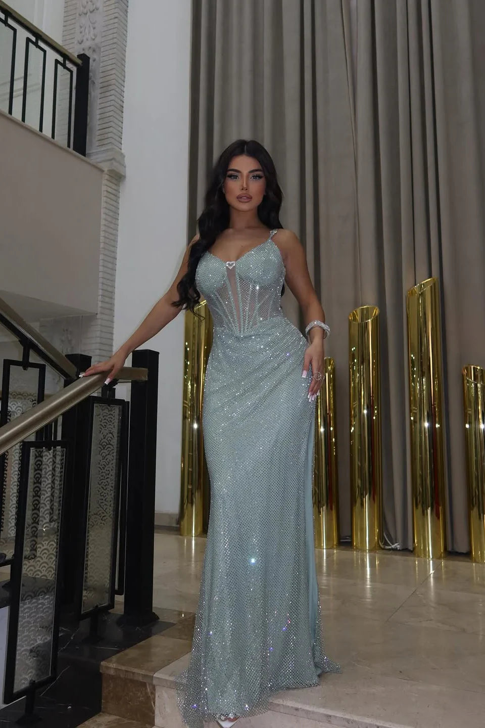 Glamorous Crystal Embellished Mermaid Gown with Lace-Up Back: Prom Dress