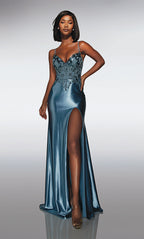 Glamuroso vestido de sirena de satén azul acero con corpiño de encaje con cuentas: vestido de fiesta 
