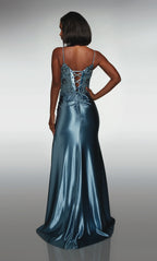 Glamuroso vestido de sirena de satén azul acero con corpiño de encaje con cuentas: vestido de fiesta 