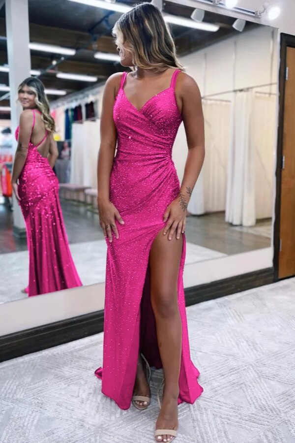 Glitter Jersey Mermaid V Neck Prom Dresses With Slit Long Formal Dress
