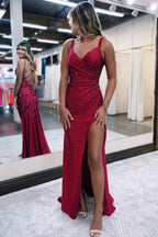 Glitter Jersey Mermaid V Neck Prom Dresses With Slit Long Formal Dress