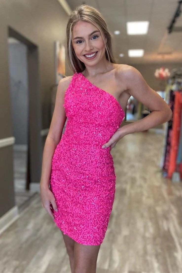 Glitter One Shoulder Tight Short Prom Dress Homecoming Dress