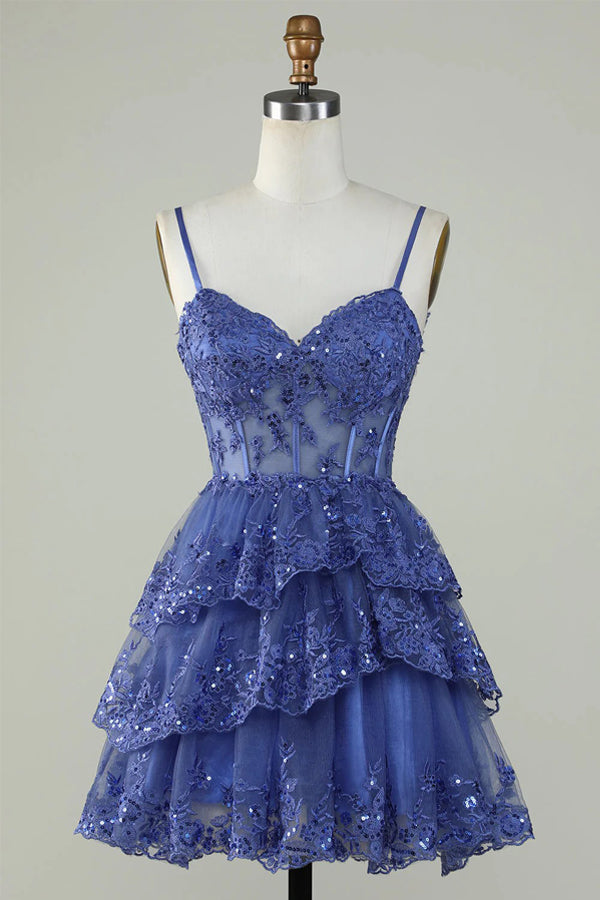 Glitter Lace Corset Ruffle Tiered Lavender Homecoming Dress