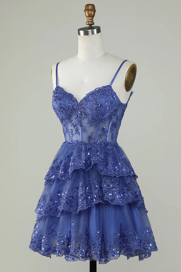 Glitter Lace Corset Ruffle Tiered Lavender Homecoming Dress