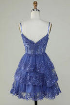 Glitter Lace Corset Ruffle Tiered Lavender Homecoming Dress