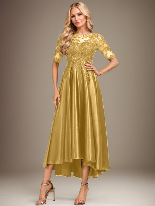 Vestido de madre de la novia de encaje satinado elástico asimétrico con ilusión de escote en A y lentejuelas 